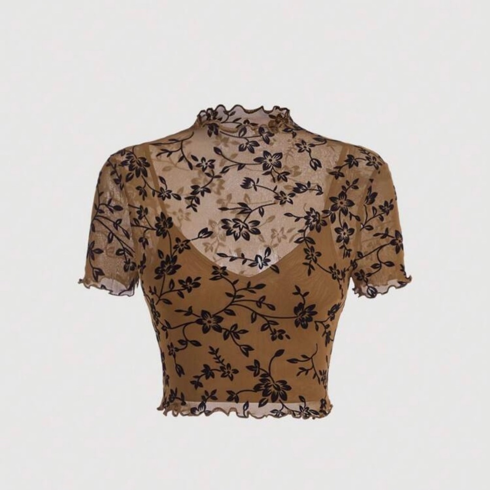 Floral Print Mesh Overlay Dark Khaki Contrasting Black Flocked Turtle crop top